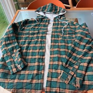 Fleece lined Hooded Flanned Shirt Green and Beige